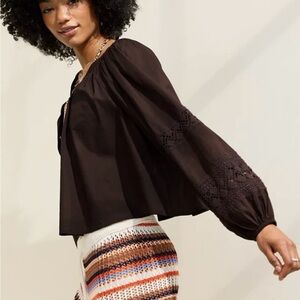 NWT Aerie Crochet Button Down Shirt Brown Long Sleeve Relaxed Fit XL | Boho